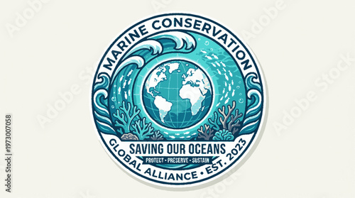 A circular vector illustration featuring marine conservation with a globe and waves emphasizing global alliance for saving oceans