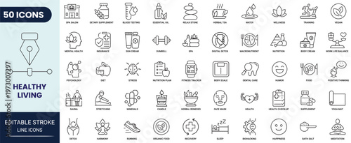 Healthy living icon set in outline style. Editable stroke. Vector icon collection.