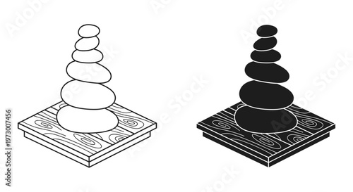 Zen stone balance vector icons, stacked pebbles on wooden platform, minimalist black and white spa rocks for meditation and wellness branding