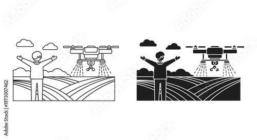 Agricultural drone spraying crops in farm field, smart farming technology with farmer icon, precision agriculture drone vector illustration set