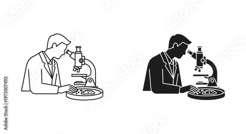 Scientist using microscope in laboratory, professional researcher silhouette and line art icons, medical lab technician vector set