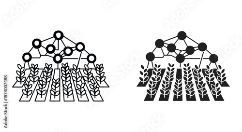 Smart agriculture icons with digital network over farm crops, precision farming technology vector, automated agricultural monitoring system