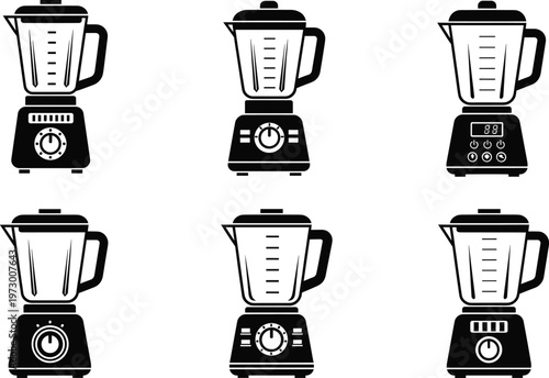 Blender silhouette set, kitchen appliance icons, black vector illustration, electric mixer designs, countertop blender shapes, food prep tool, minimal style