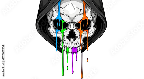 Grim Reaper Skull Dripping Rainbow Paint