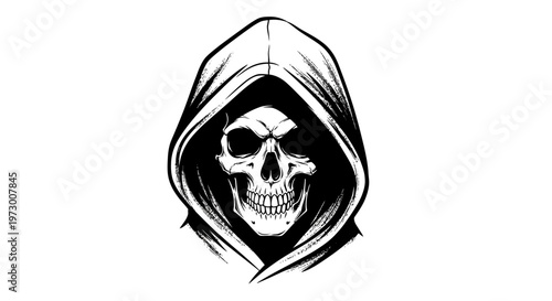 Grim Reaper Skull Hooded Figure Black and White Illustration