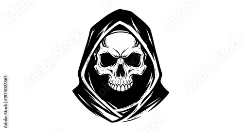 Grim Reaper Skull Hooded Figure Black and White Illustration