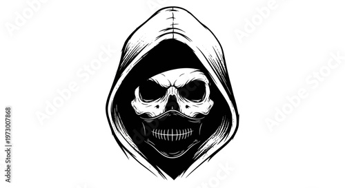 Grim Reaper Skull Hooded Figure Black and White
