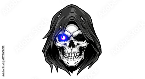 Grim Reaper Skull with Glowing Blue Eye in Hood