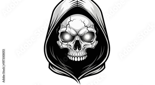 Grim Reaper Skull with Glowing Eyes in Hood