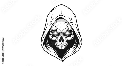 Grim Reaper Skull with Glowing Eyes in Hood