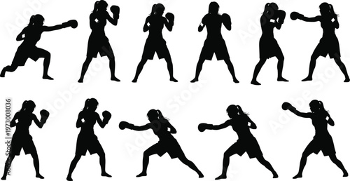 Boxing silhouette set, male fighter poses, training movements, black vector icons, dynamic combat stances, isolated on white background, editable illustration