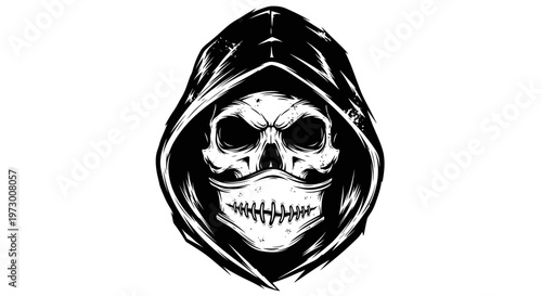 Grim Reaper Skull with Hood and Mask, Black and White, Horror Concept