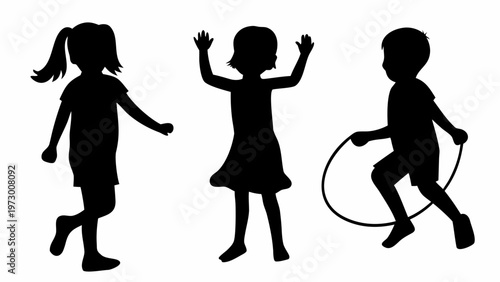 Black silhouettes of kids playing outdoors with jump rope and dancing
