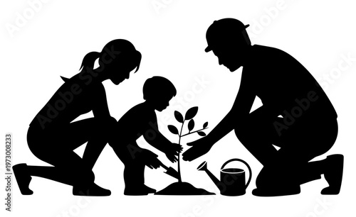 Family planting a tree silhouette vector illustration isolated on white background, Tree plantation vector silhouette, 