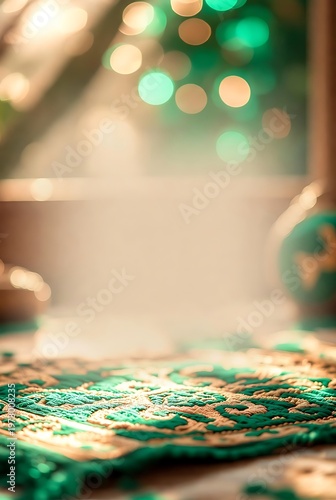 Festive holiday background with bokeh lights and decorative textile.