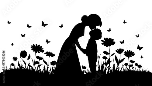 Mothers day black and white vector, Mothers day vector, Silhouette of a mother and child in a field of flowers, Mom and child love in the style of silhouette
