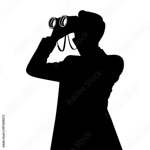 Man Binoculars Vector, Silhouette man with binoculars illustration perfect for wildlife, Observer silhouette