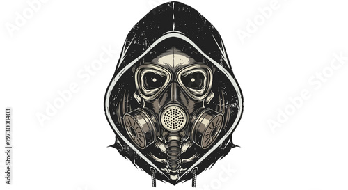 Skull with gas mask and hood, dystopian, cyberpunk, post-apocalyptic style