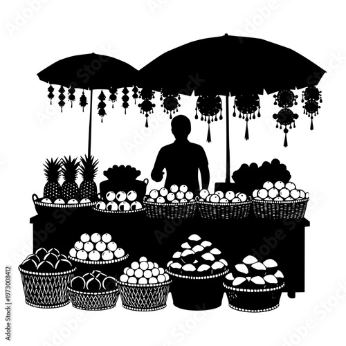 Traditional fruit vendor stall under colorful umbrellas and decorations