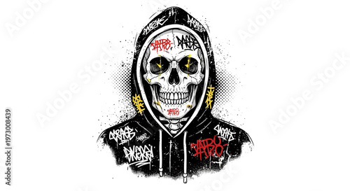 Skull with hoodie and graffiti tags, urban street art style