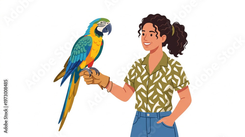 Young Woman Holding Colorful Macaw Parrot