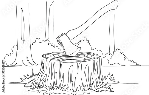 Black and White Line Drawing of an Axe Embedded in a Tree Stump in a Forest with Trees and Grass in the Background