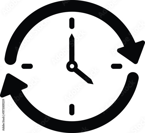 Black clock icon with circular arrows symbolizing time, rotation, or schedule