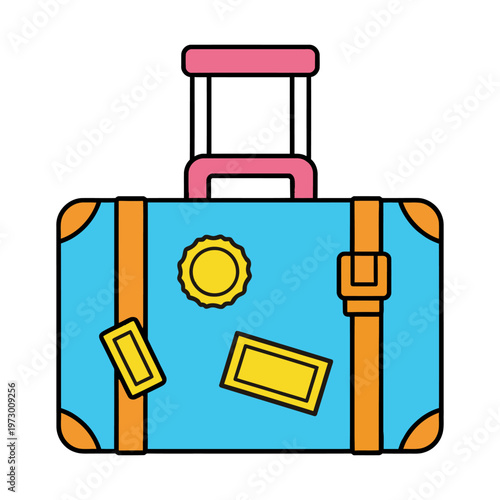 Illustration of a cheerful blue suitcase with travel stickers, ready for an exciting journey and adventure, evoking a sense of wanderlust.
