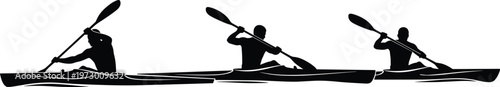 Black and white vector silhouette set of three kayakers paddling on water showing athletes in motion during a competitive rowing race or outdoor recreation.