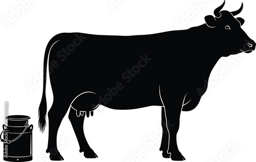 Black silhouette vector illustration of a dairy cow standing next to a traditional metal milk can isolated on a white background for farm design.