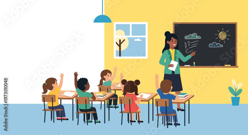 School Classroom Scene with Teacher and Kids for Education and Appreciation Day Concept