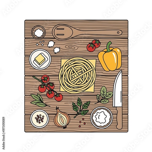 Overhead view of ingredients for pasta dish on wooden board.