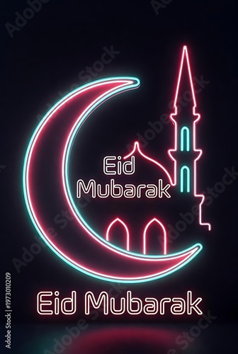 Neon Eid Mubarak greeting card with crescent moon and mosque.