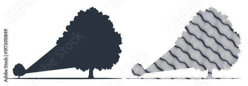 Contrasting representations of a tree, one a solid silhouette, the other a textured, abstract form