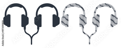Two pairs of headphones, one solid and one with a striped pattern, connected by cords.