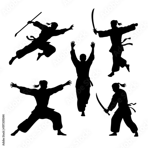 Silhouettes of sports and music scene, Martial artists with swords silhouette martial arts, Silhouette of Shaolin Martial Arts, Karate Silhouette Vector 