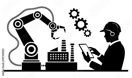 Engineer operating industrial robot arm, Silhouette Robotic Arm Workers Industrial Vector Illustration, Robotic Arm Engineering Vector Illustration