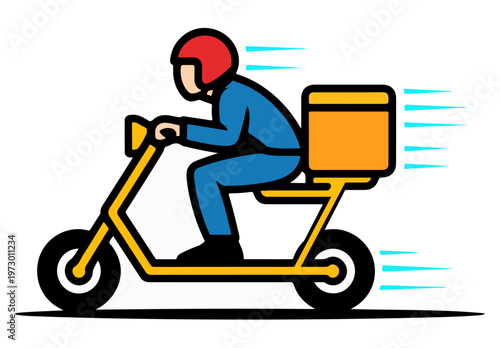 Delivery scooter courier illustration isolated on white background, fast shipping service concept, delivery, motorcycle, cartoon, transport, vehicle, icon, speed, vector