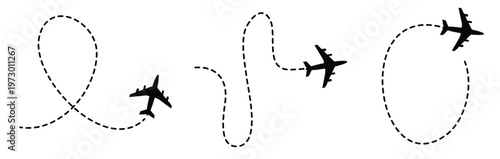 Airplane dotted line. Flight path with dotted line, airplane icons and location markers, aviation concept, travel background design