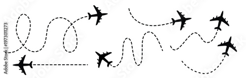 Airplane dotted line. Flight path with dotted line, airplane icons and location markers, aviation concept, travel background design