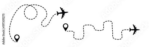 Airplane dotted line. Flight path with dotted line, airplane icons and location markers, aviation concept, travel background design