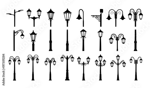 Lamp post silhouette set with 20 street light designs urban city vector collection