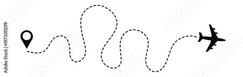 Airplane dotted line. Flight path with dotted line, airplane icons and location markers, aviation concept, travel background design