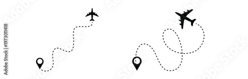 Airplane dotted line. Flight path with dotted line, airplane icons and location markers, aviation concept, travel background design