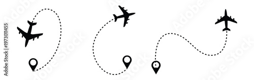 Airplane dotted line. Flight path with dotted line, airplane icons and location markers, aviation concept, travel background design