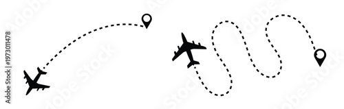 Airplane dotted line. Flight path with dotted line, airplane icons and location markers, aviation concept, travel background design