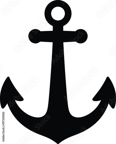 Black anchor silhouette icon isolated on white background, representing nautical theme, maritime travel, sea navigation, ocean adventure, boat stability, and marine safety equipment symbols.
