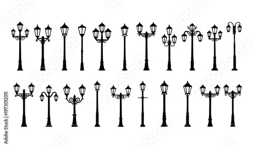Street lamp silhouettes row with vintage and modern lamp post vector illustration