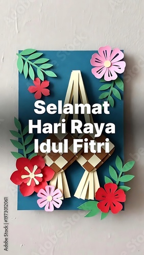 Selamat Hari Raya Idul Fitri greeting card with ketupat and flowers.
