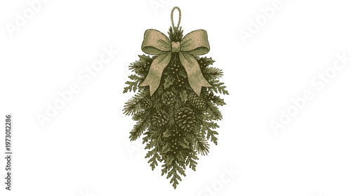A festive illustration of a pinecone and evergreen swag adorned with a ribbon bow